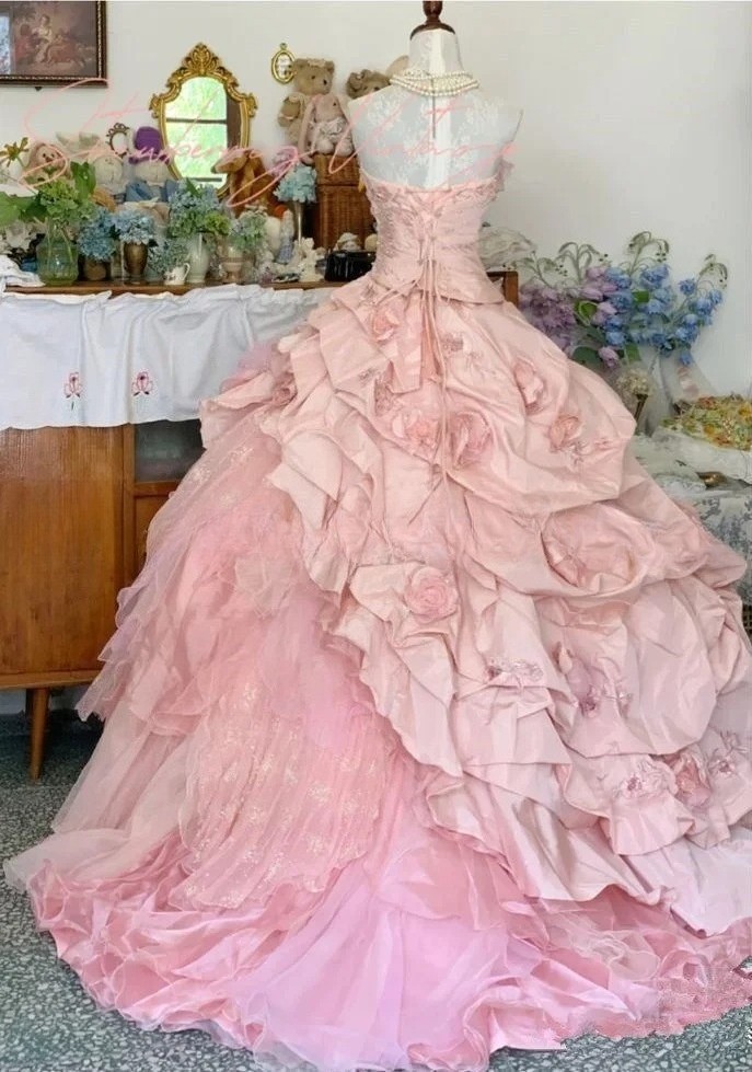 Pink Victorian Prom Dresses Sweetheart Lace Floral Applique Layered Evening Gown