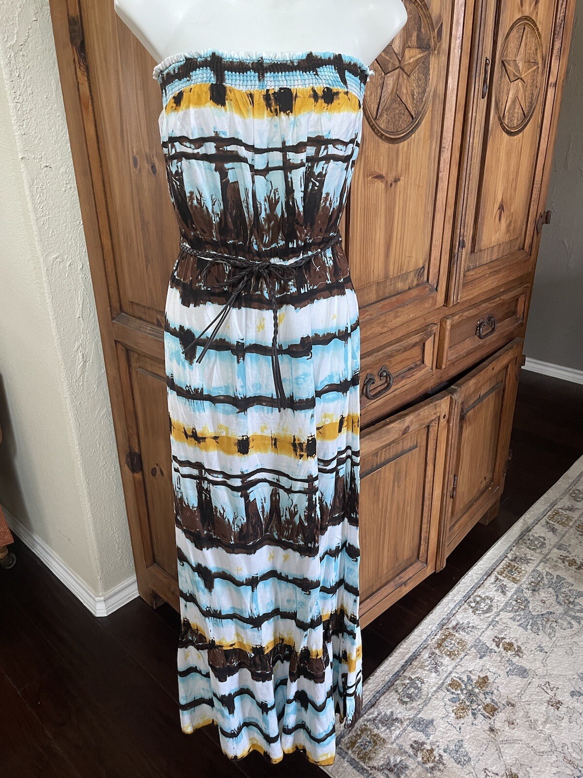 Lots Of Love Speechless Long Maxi Strapless Beach Cover Up White Brown Med NWT