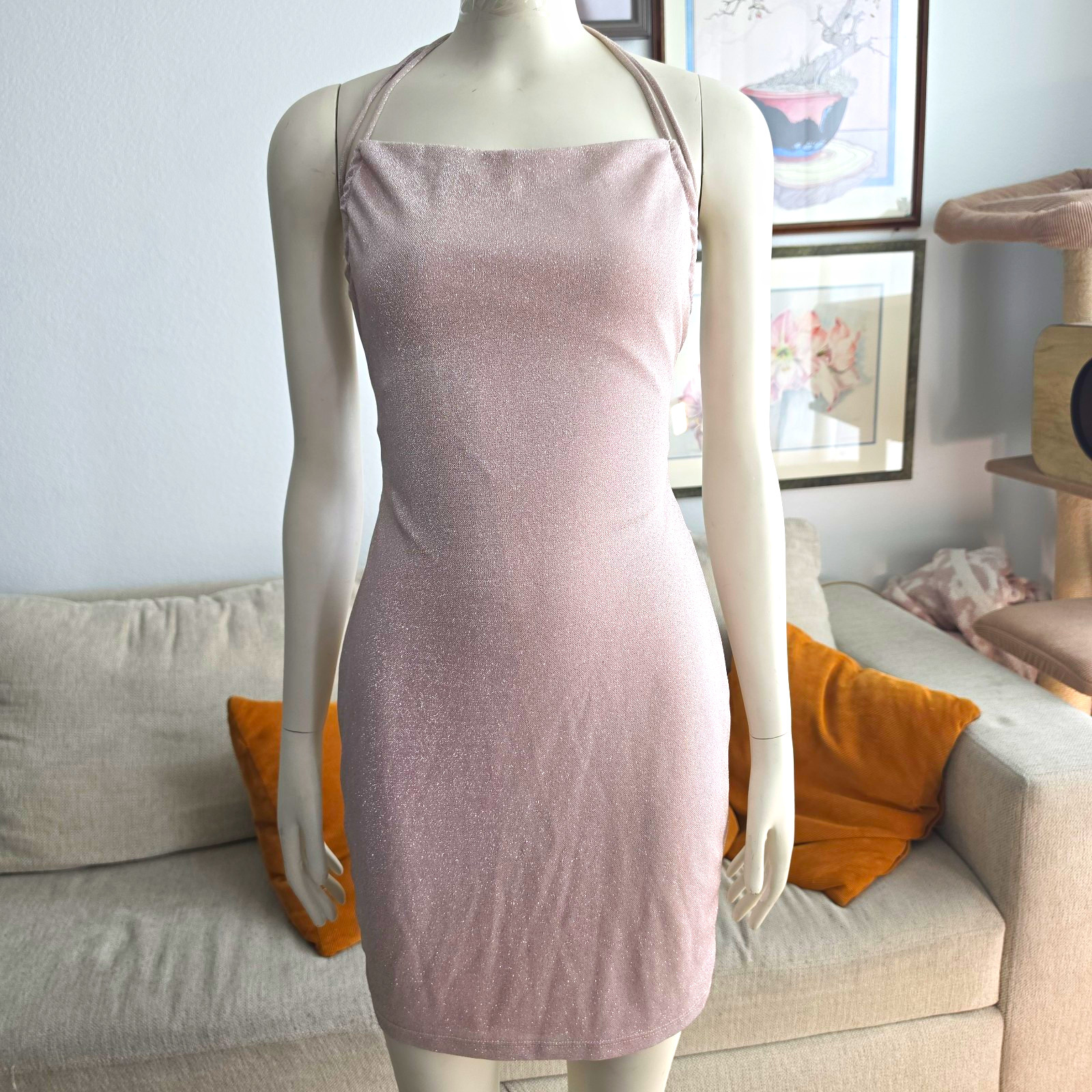 Glare Women’s Pink Metallic Backless Ruched Strappy Bodycon Mini Dress S