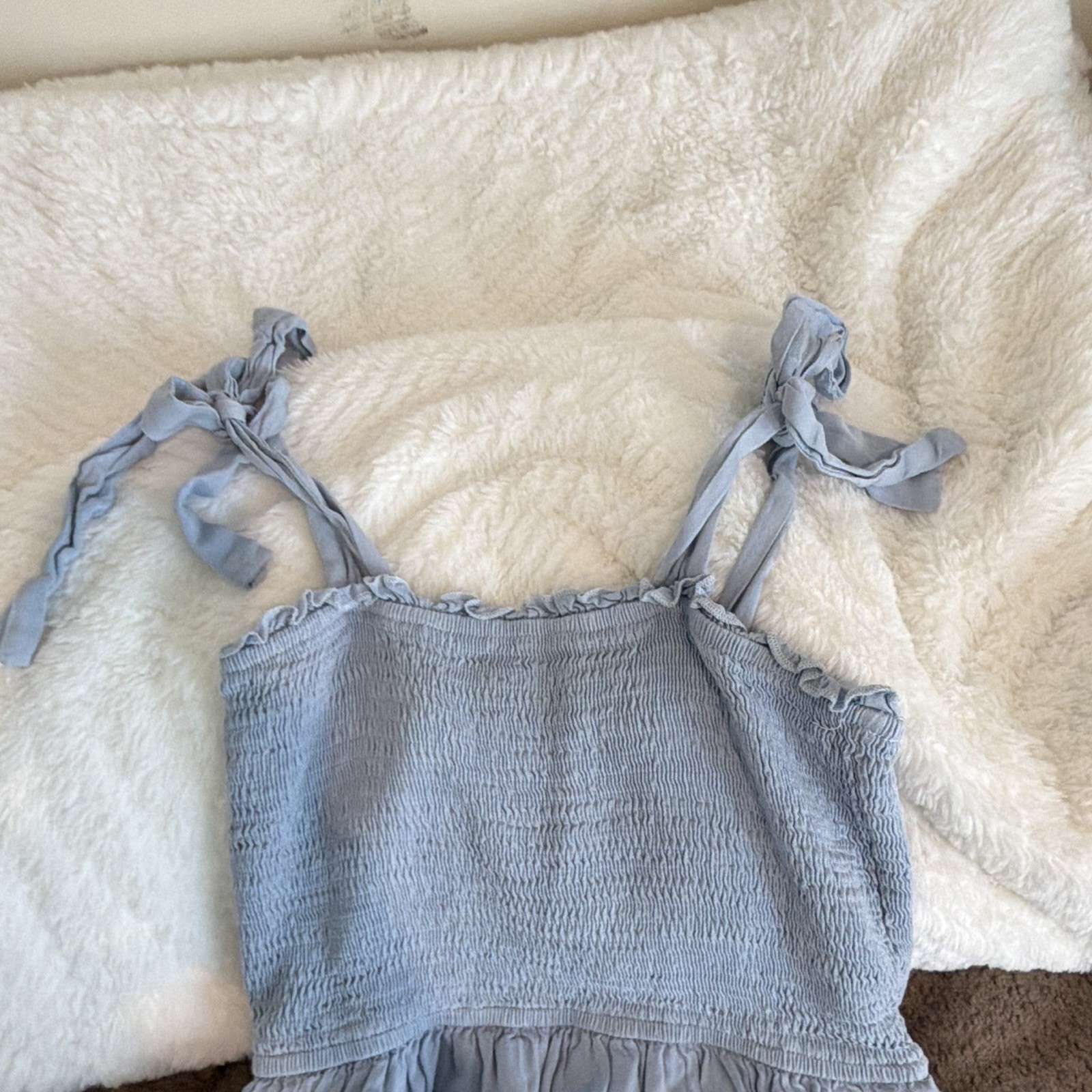Zest Blue Solid A-Line Short Dress Square Neck Smocked Tie Straps Women’s XS