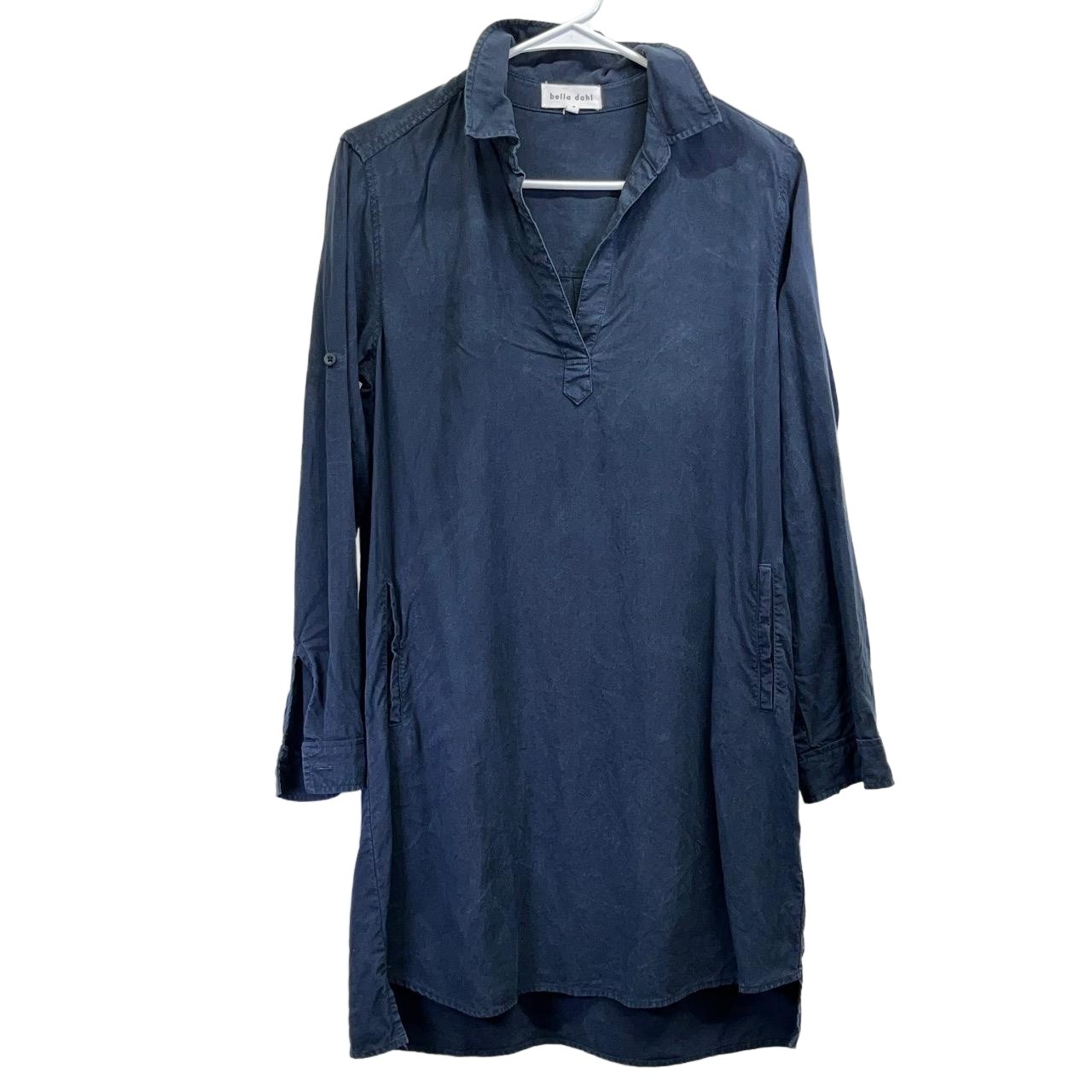 Bella Dahl Womens Navy Blue V Neck A Line Rolled Tab Sleeve Shirt Dress Small