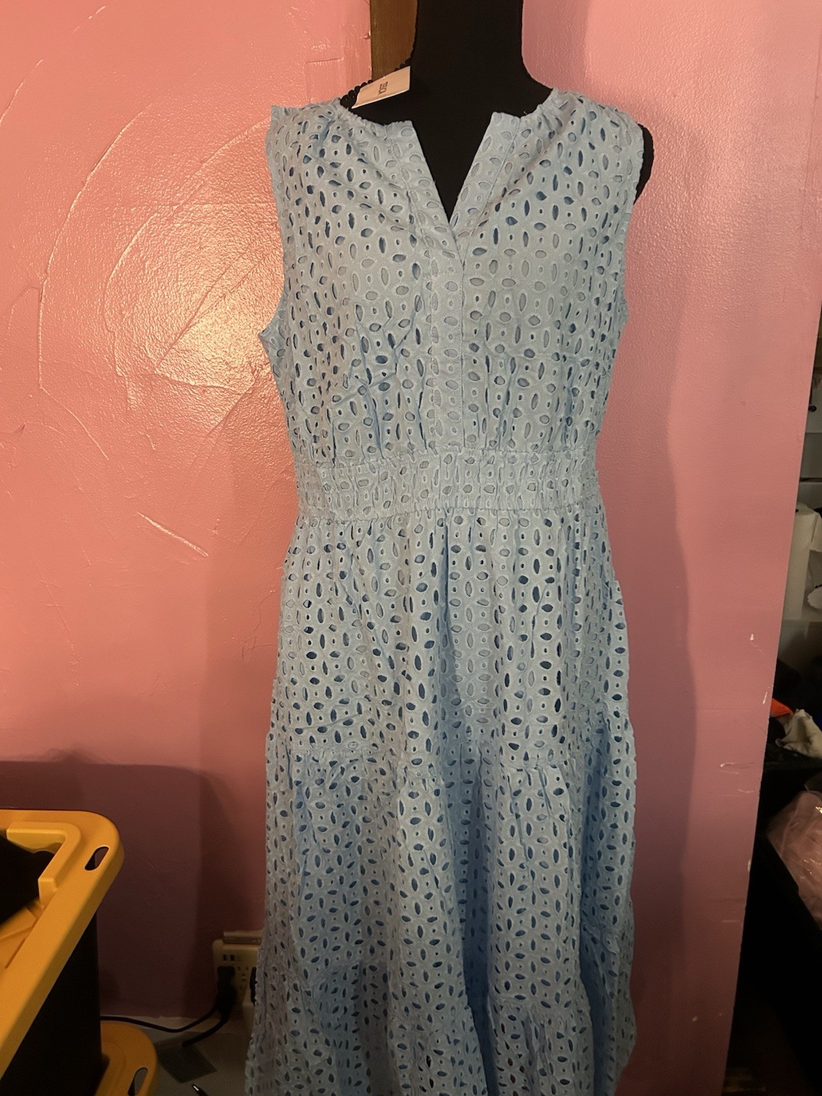 ZESICA Blue V-Neck Eyelet A-Line Lined Midi Dress, Sleeveless, L