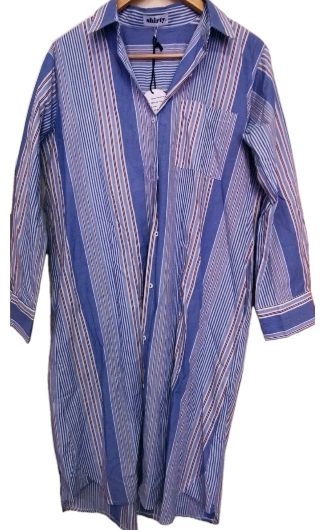 Shirty Striped Classic Shirt Dress Pockets 14 L Blue Tan