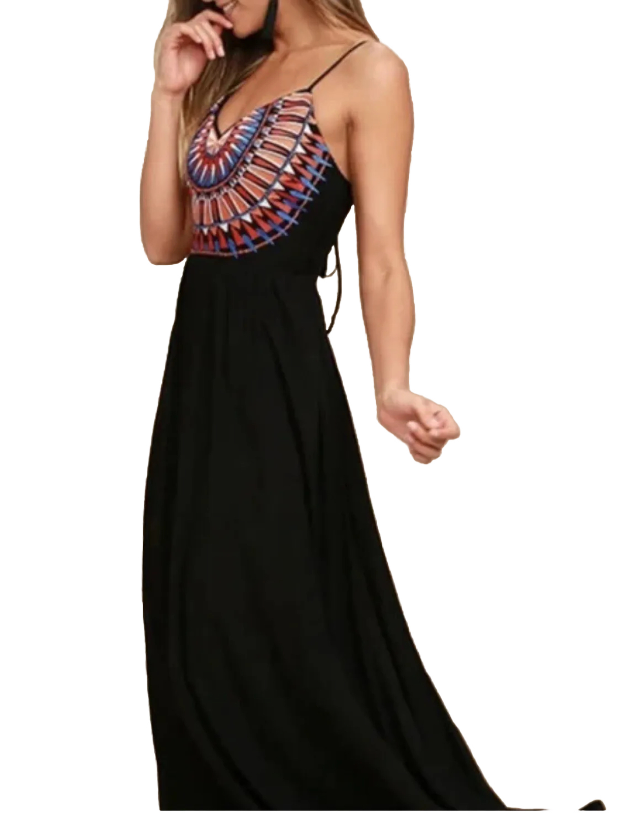 Lulus Embroidered Tie Open Back Maxi Dress Black Size XS Boho Festival