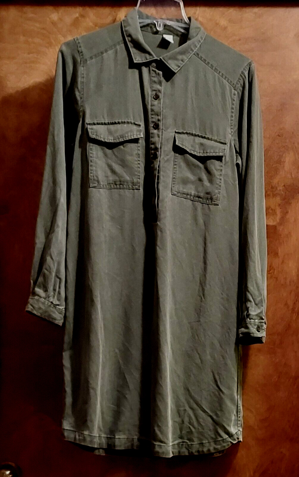Old Navy LS ShirtDress, Sz M, Tapered Hem, 5-Buttons at Neck, Green, 100% Tencel