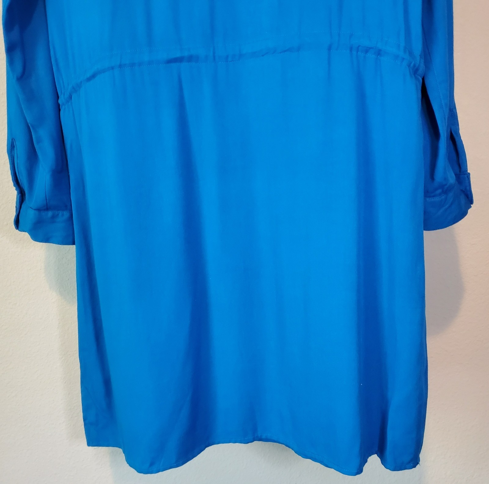 JustFab Blue Shirt Dress M Drawstring Waist Tab Sleeve Rayon Pockets