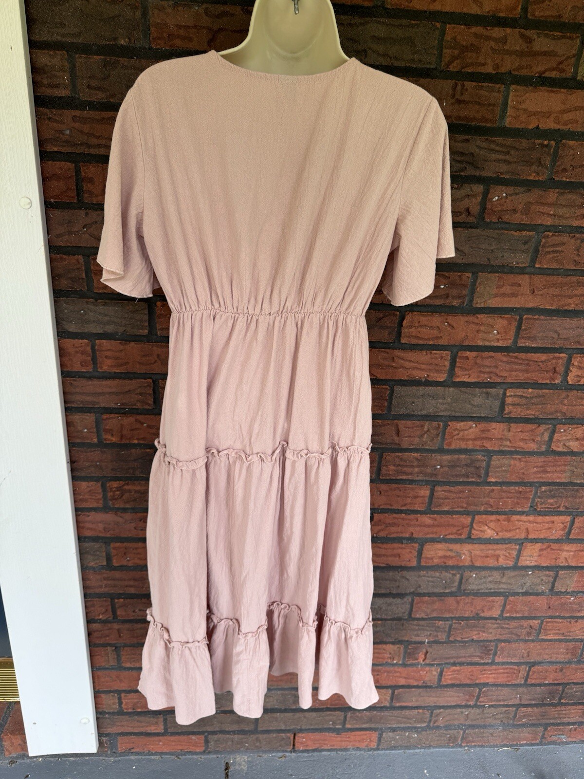 Beige Ruffle Hem Dress Small Button Short Flutter Sleeve Linen Like 100% Cotton
