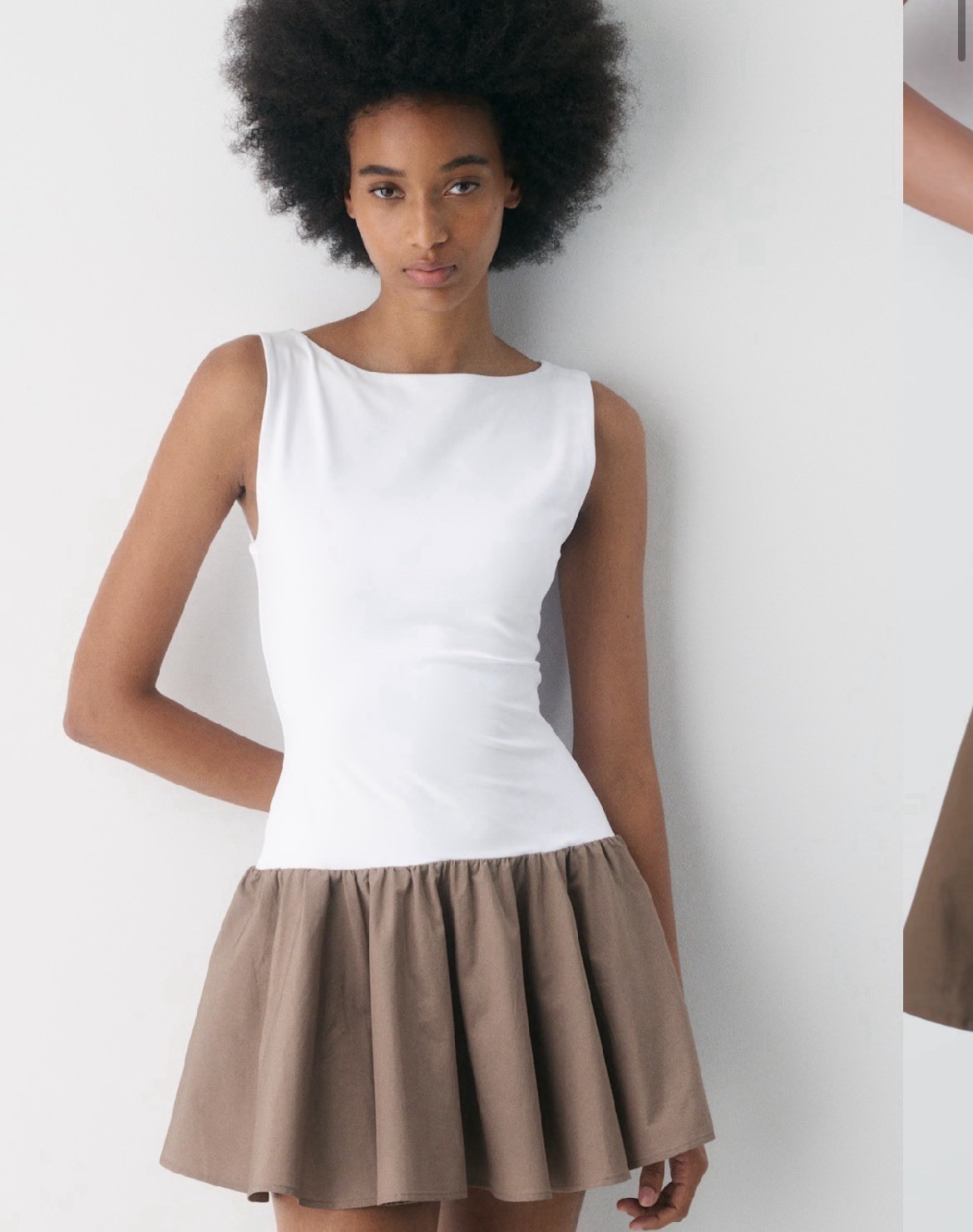 Aritzia XL White/Brown Colorblock Sleeveless Cotton Knit A-Line Mini Dress