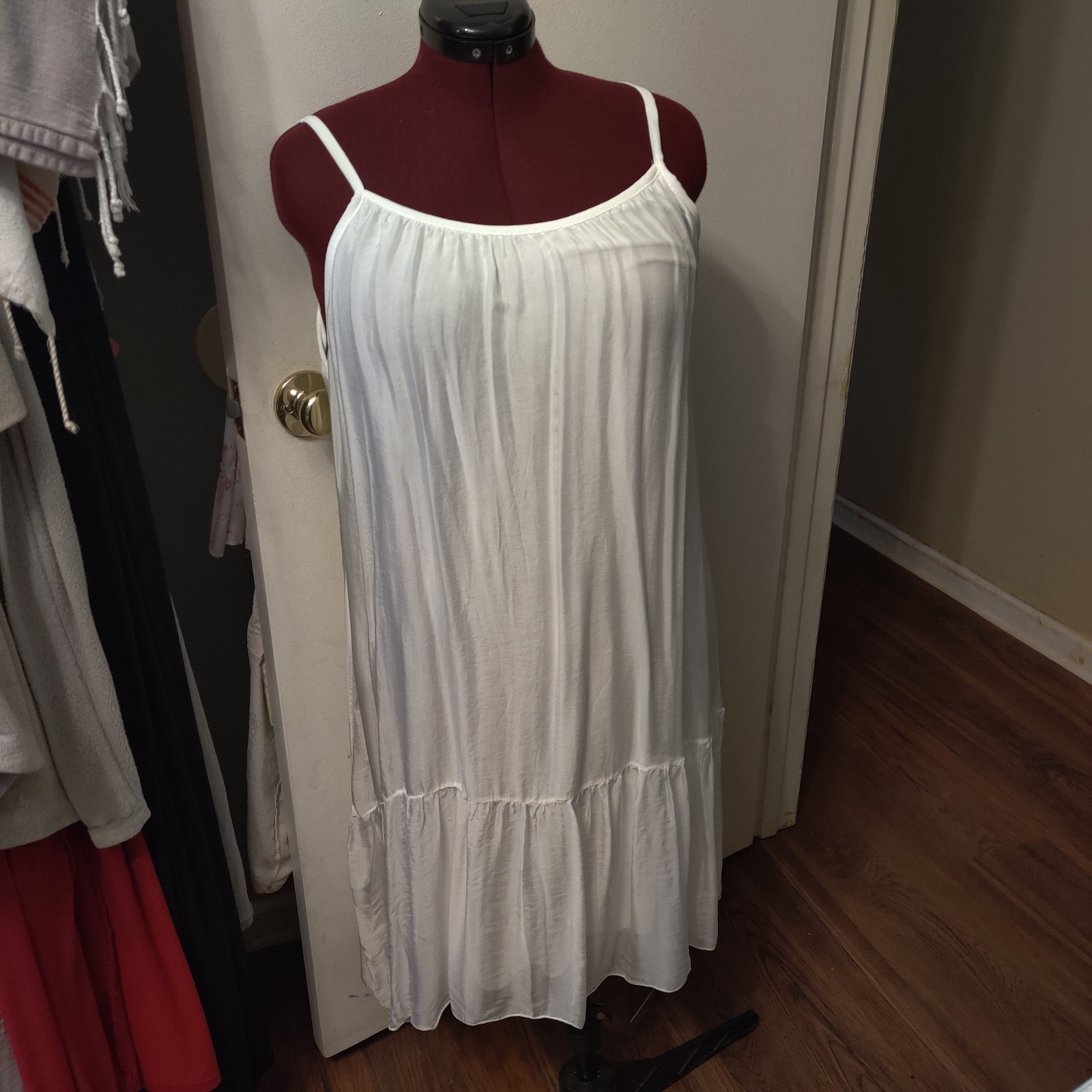Bella Dahl White Solid Shift Dress Round Neck Spaghetti Strap Short Viscose/Silk