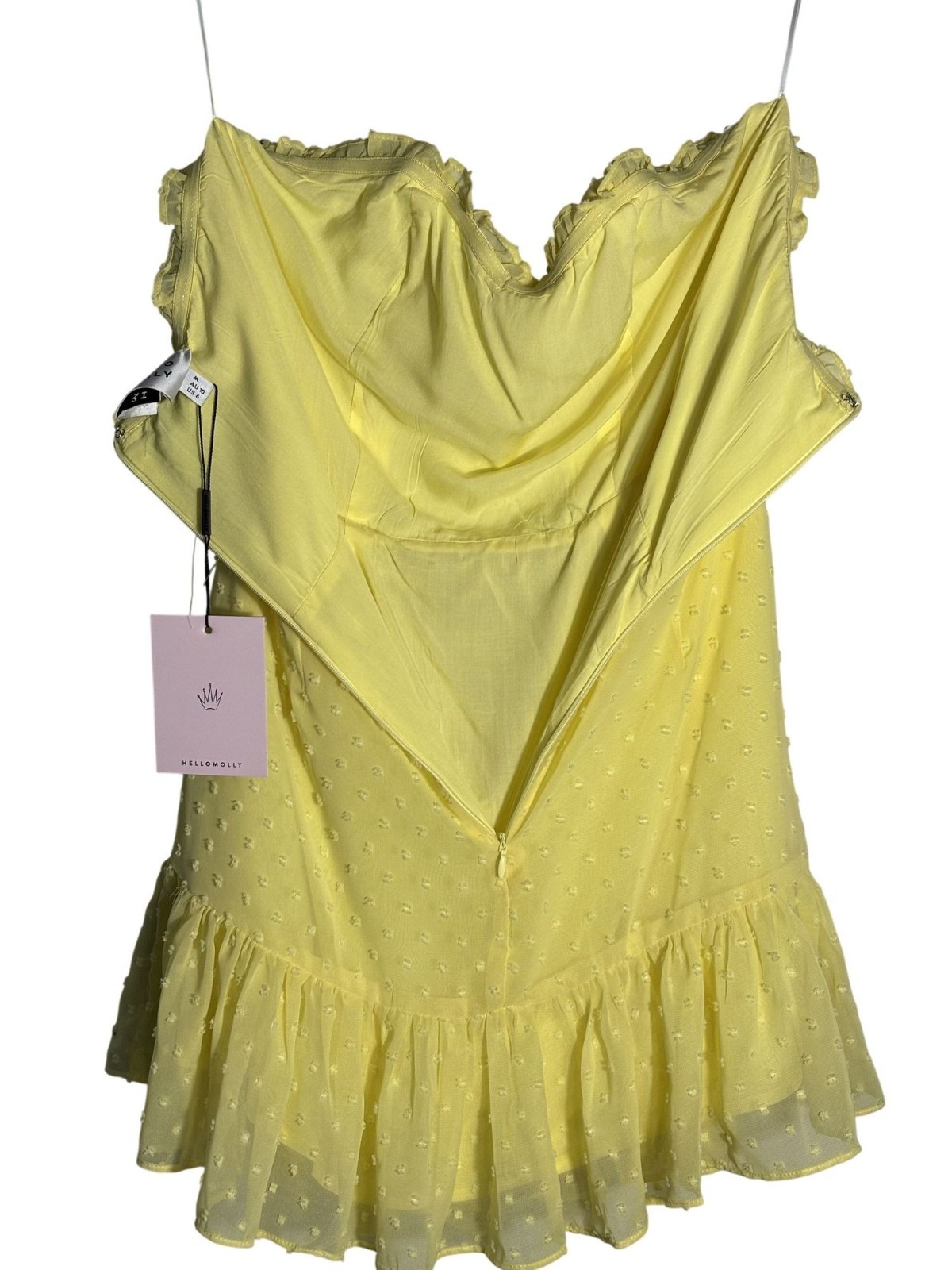 Hello Molly Face On Magazines Strapless Yellow Mini Dress Ruffle Hem Ruching