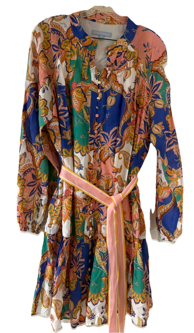 Antonio Melani Women’s Multicolor Paisley Shirt Dress Band Collar Belted 12