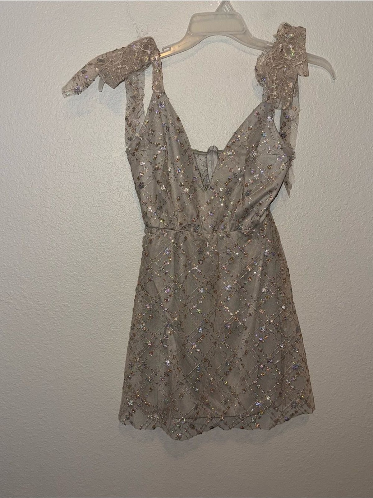 Lucy in the Sky Sequin Tulle Bow Strap A-Line Mini Dress Size L Party Cocktail