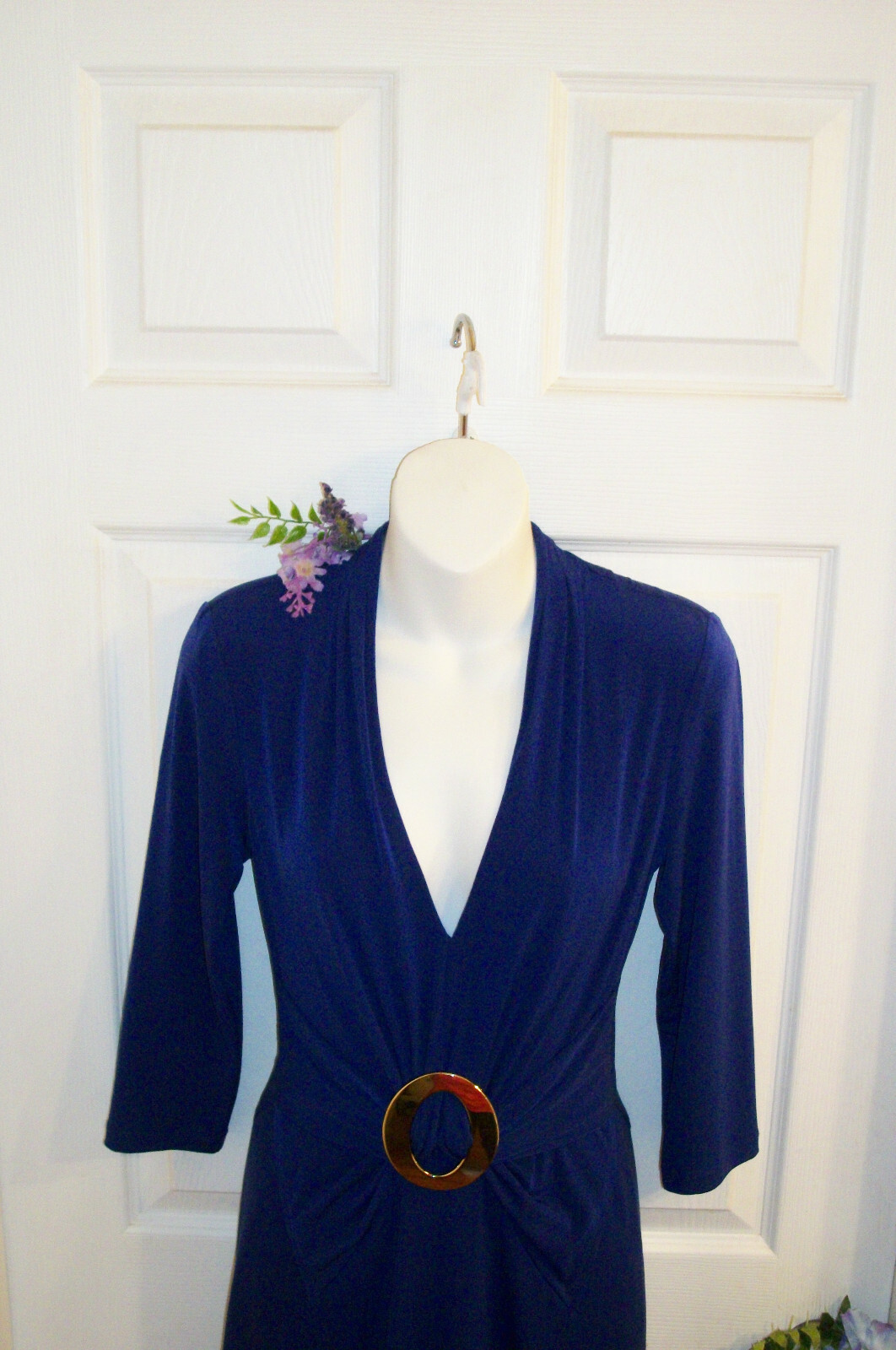 BOSTON PROPER Sz 8 Purple Stretch Dress w/ Gold Buckle Below Knee Length