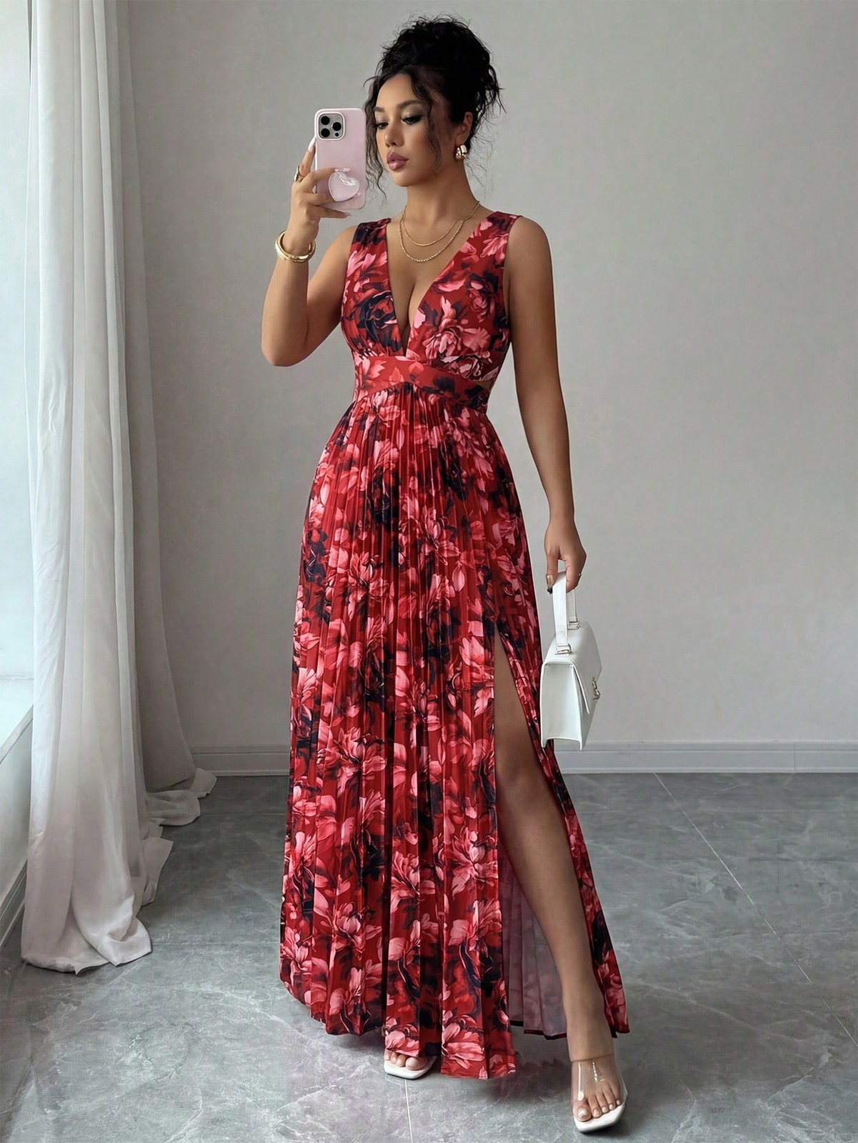 Sleeveless V Neck A Line Maxi Dress with Ruffle and Floral
