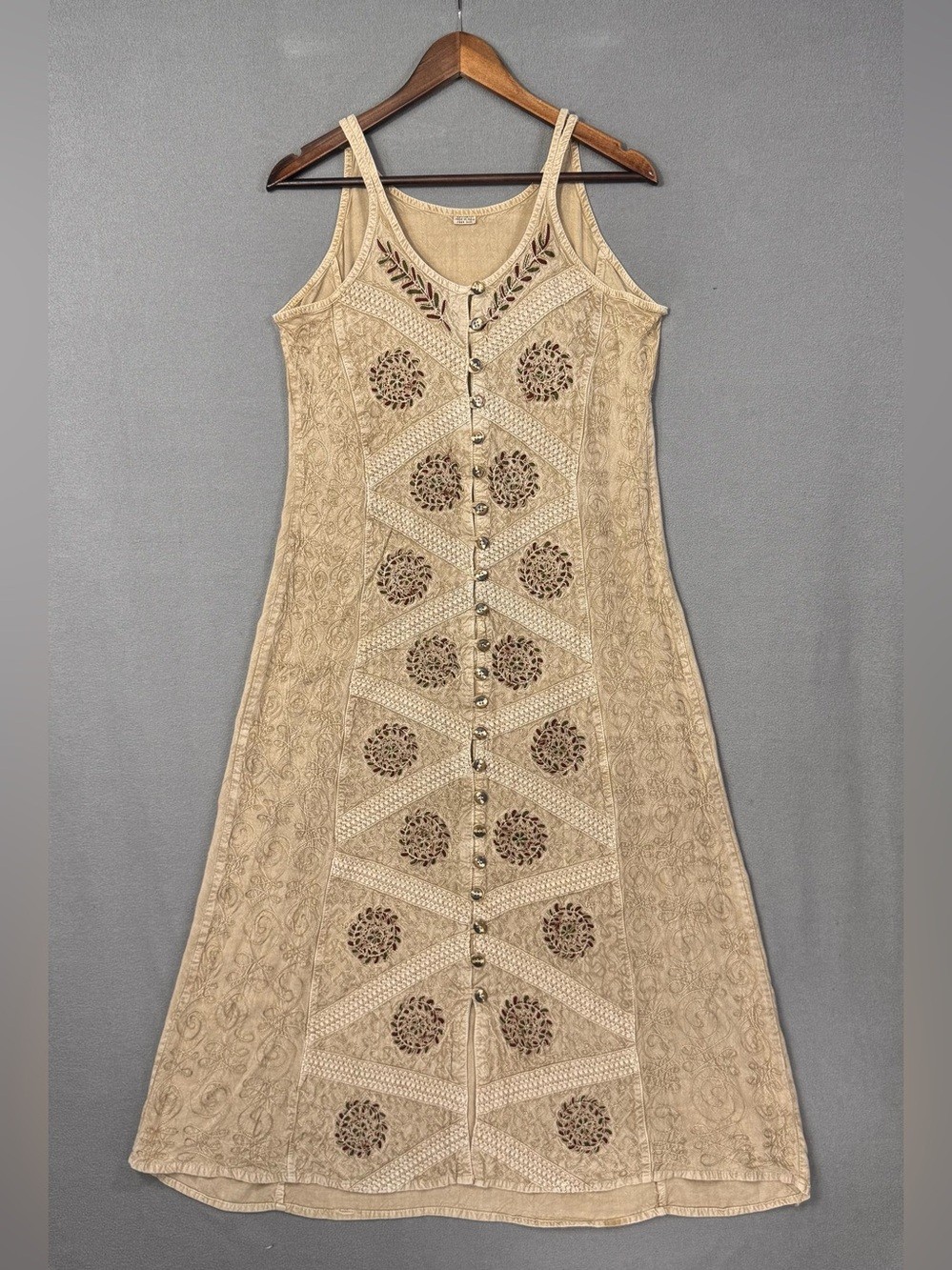 Vintage 90’s Embroidered Button-Front Tie-Back Midi Dress, Sand, Red and Green