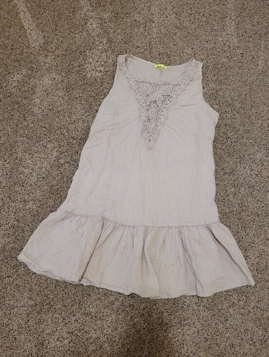Marina Grey Linen Crochet-Trim Sleeveless Dress in Light Taupe Size Medium