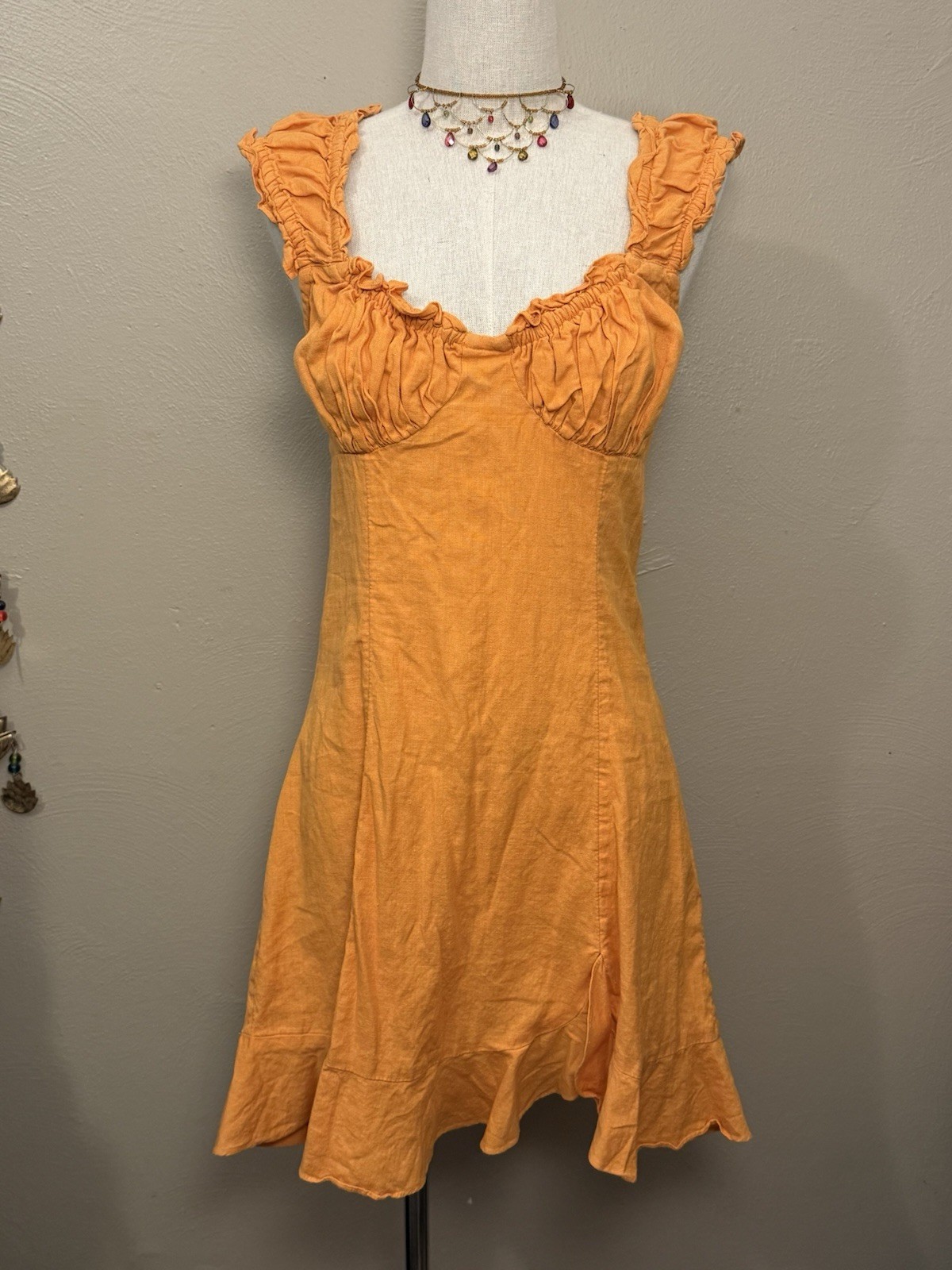 Free People Orange Like a Lady Linen Blend Mini Dress Tie Button Back Size S