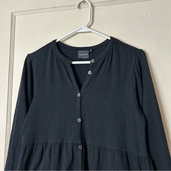 Richer Poorer black textured long sleeve button front dress XS cloud weave