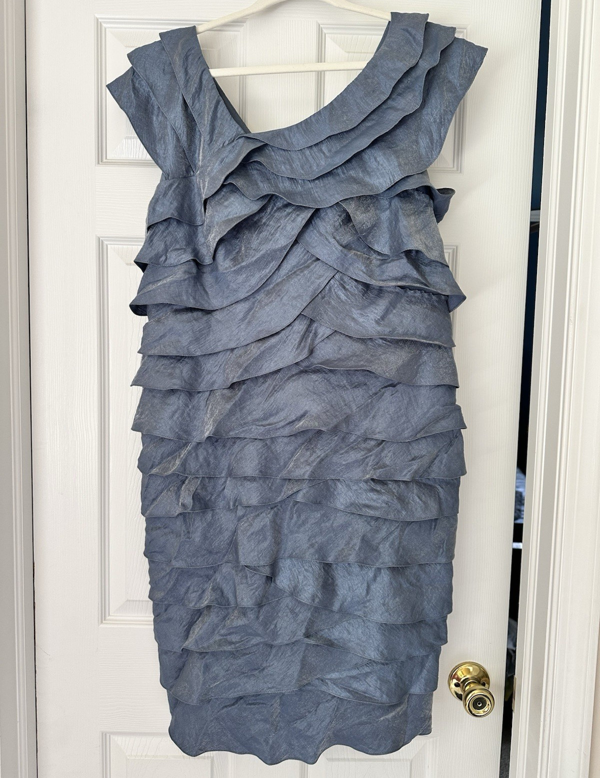 Adrianna Papell Sheath V-Neck Sleeveless Ruffle Lined Blue Knee Dress 14W