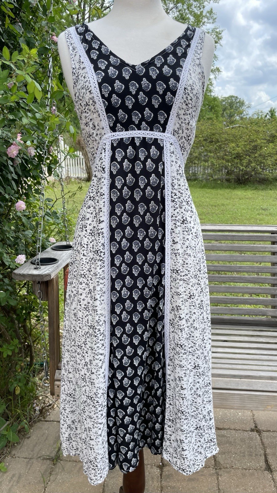 Kings Road Shift Dress Blue white Prairie Patchwork Vintage Look Sm Long Modest