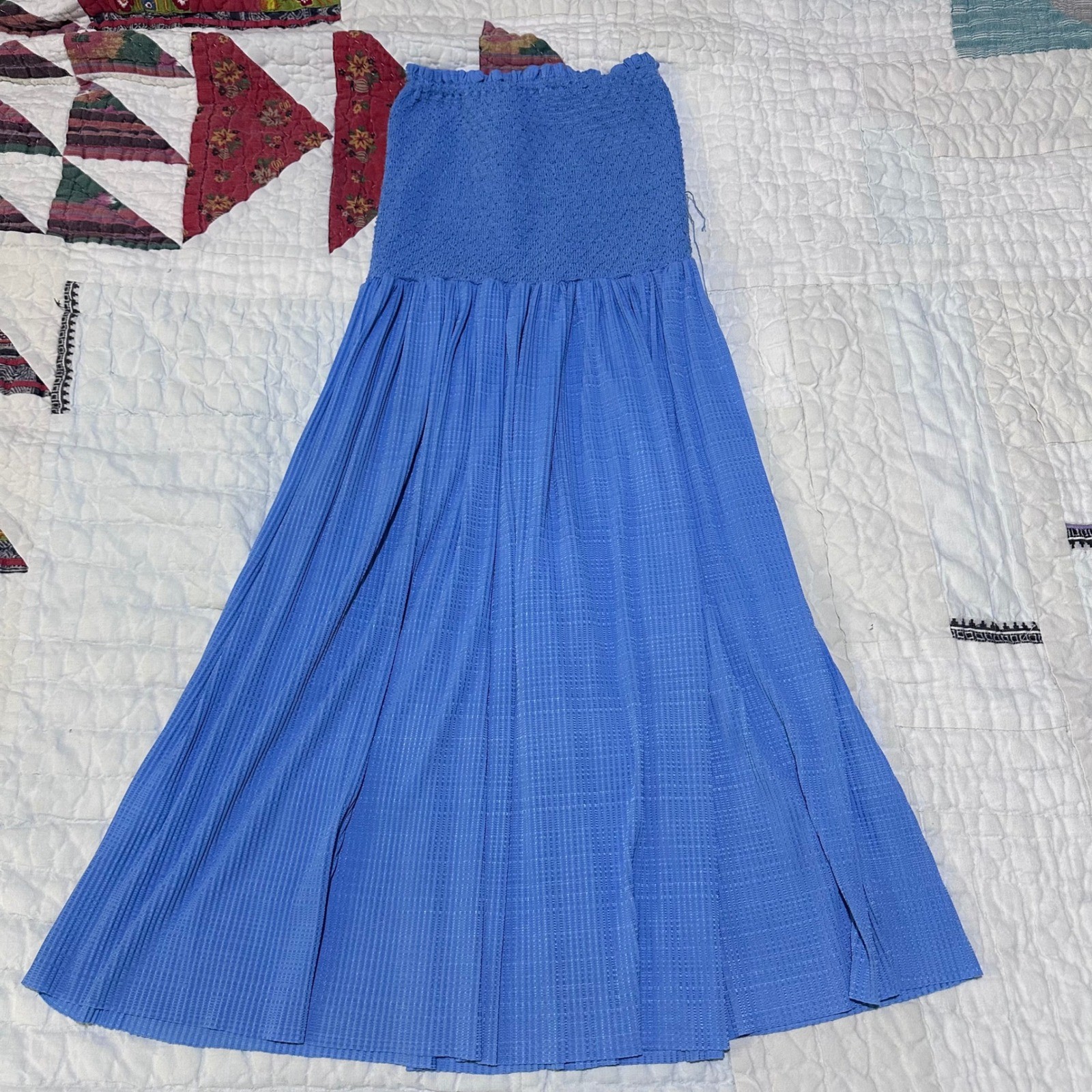 Line and Dot Strapless Smocked Pleated Midi Dress Blue XS