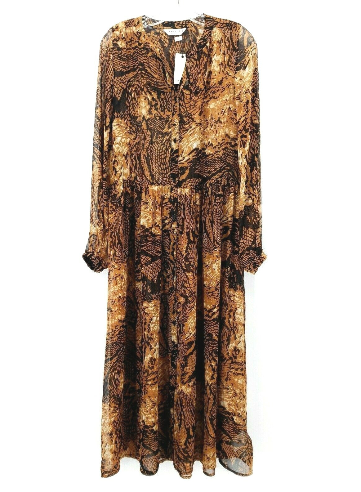 SPARKZ COPENHAGEN Sheer Maxi Long Shirt Dress Flowy Sexy Chestnut XS S M