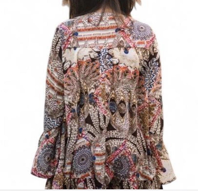 Umgee Bohemian Multicolor Printed Bell Sleeve Ruffle Hem Mini Dress Size M