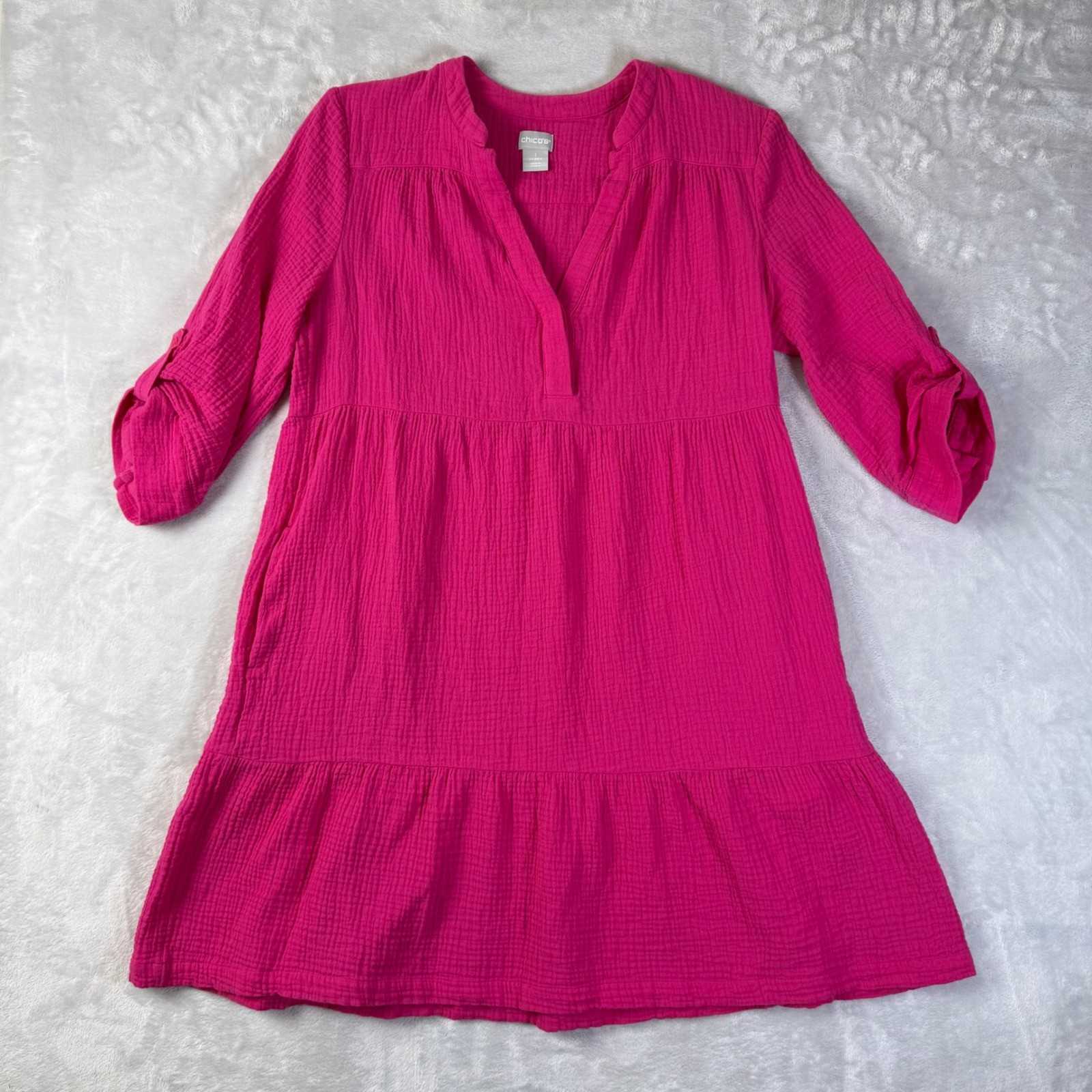 Chico’s Tunic Dress Womens 1 Medium Pink Cotton Gauze Tiered Roll Tab Sleeve