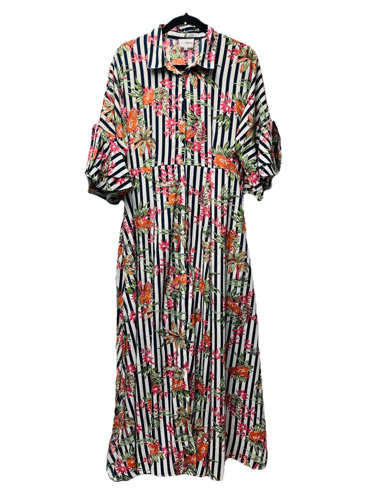 Love + Harmony L Floral Maxi Dress Flowy Boho Coastal Beachy Tropical Resort 90s