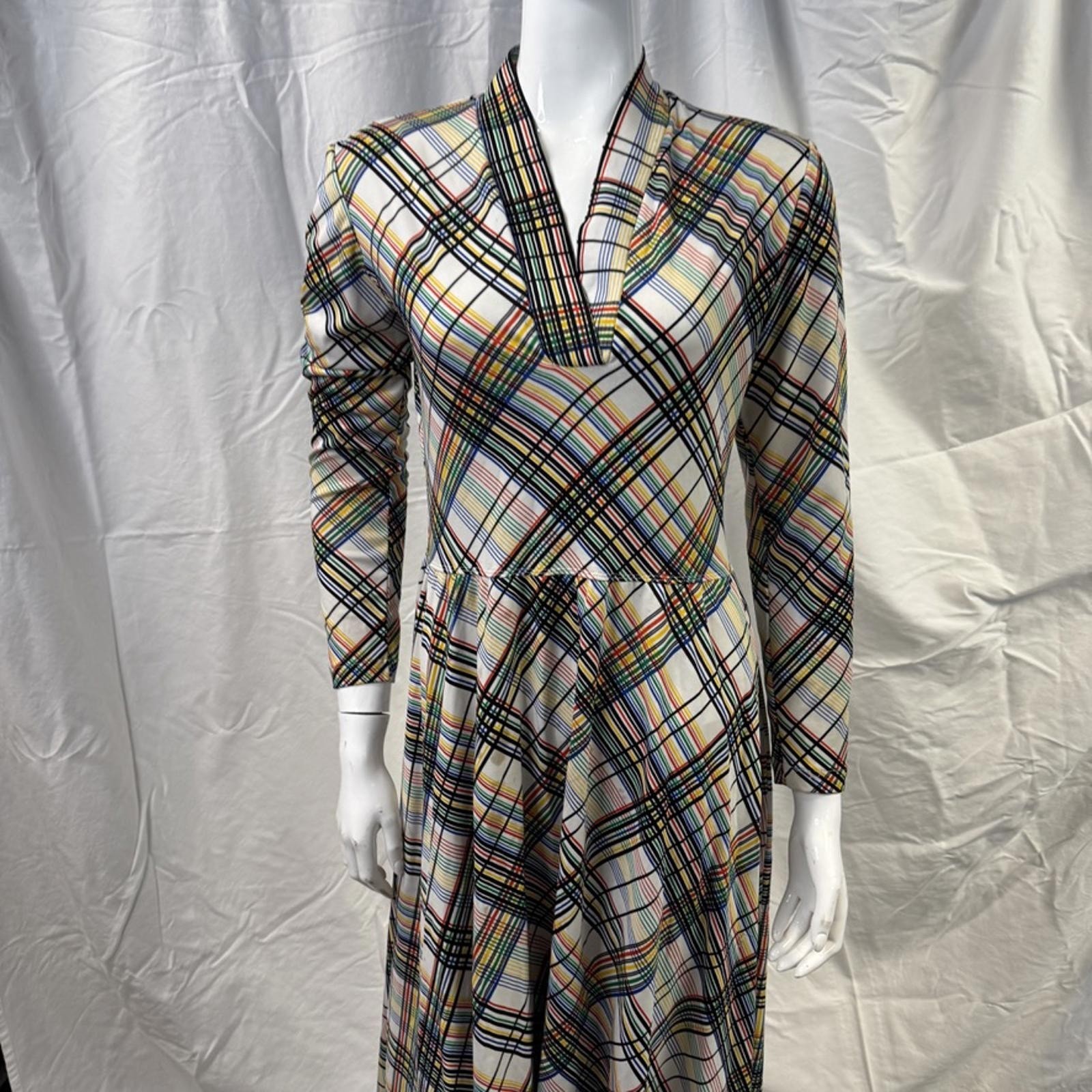 Vintage 1960’s Vera Maxwell Speed Suit White Yellow Green Red Plaid Maxi Dress L