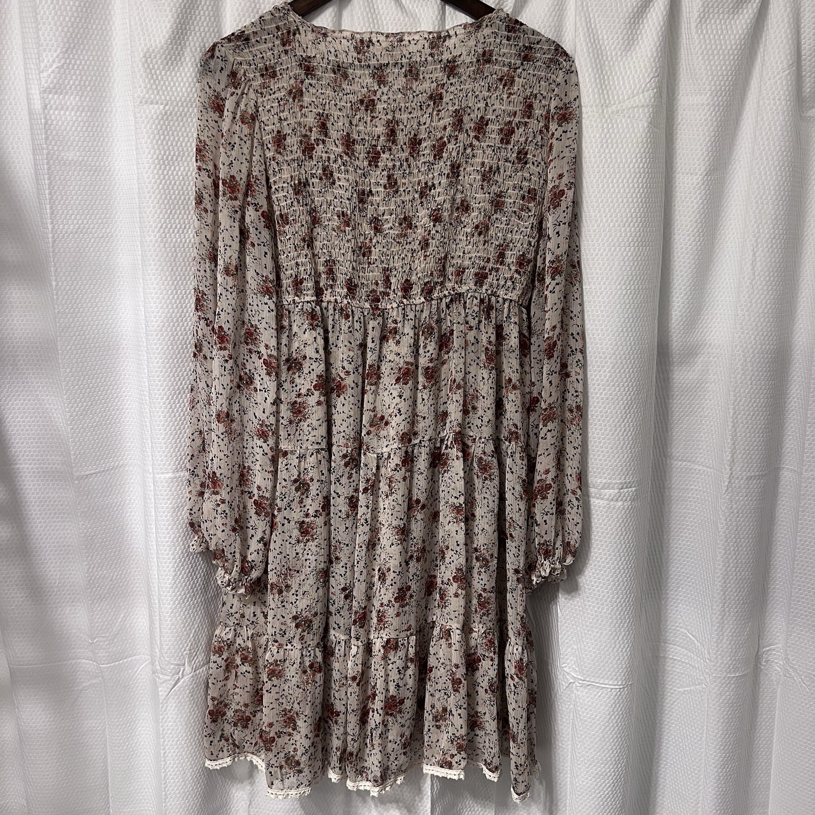 POL Dress Bohemian Smocked Button Ivory Floral Peasant Feminine L Lace Cottage