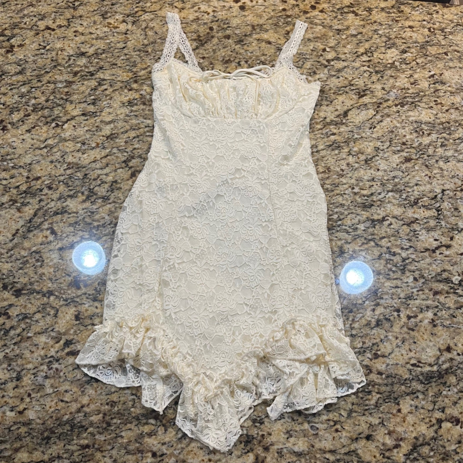 Windsor Cream Floral Lace Mini Dress Ruffle Hem Ruched Bust S Ivory Fairy