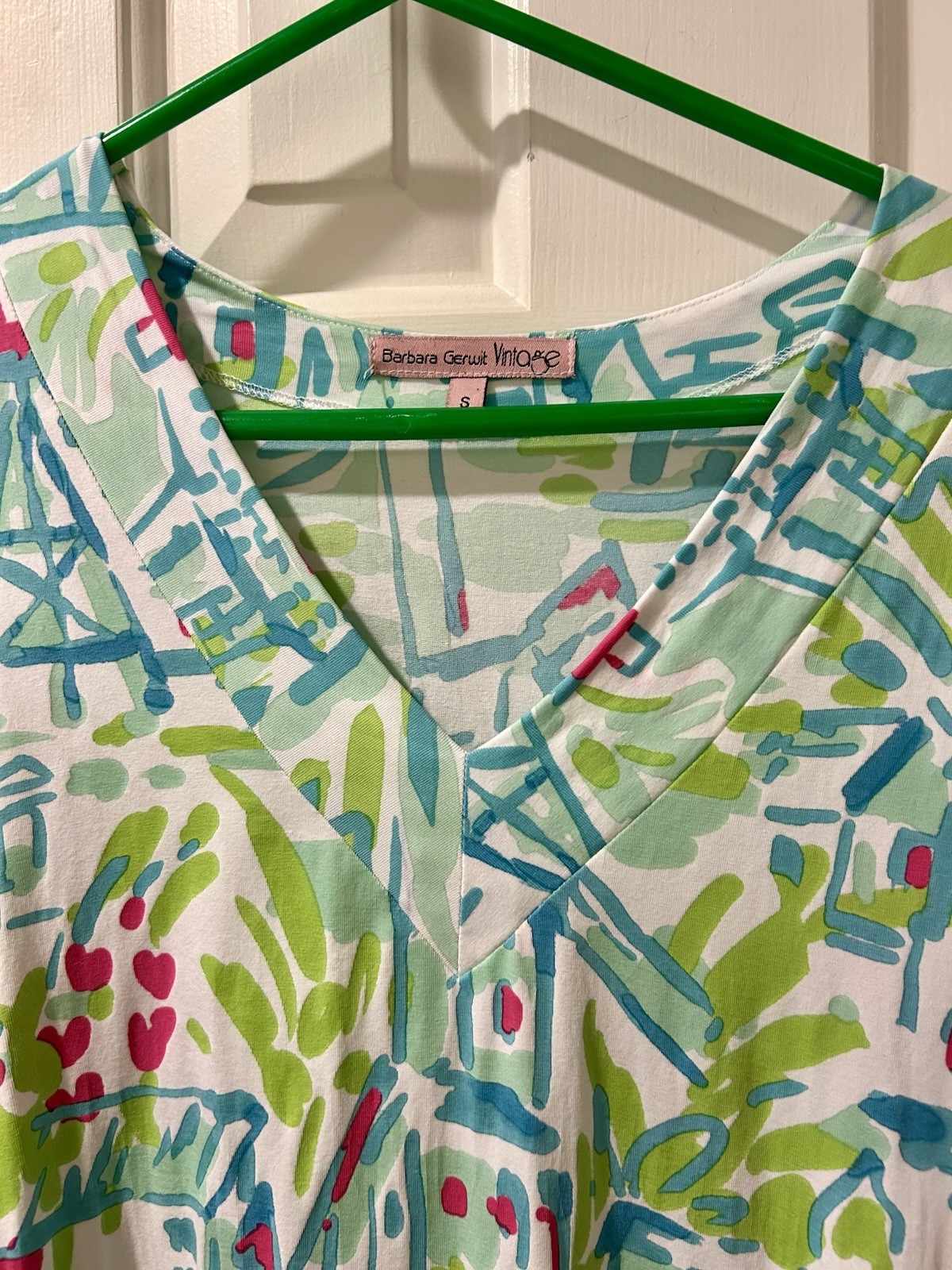 BARBARA GERWIT White Aqua Blue Green Pink Dress S Summer Holland Windmill Tulips