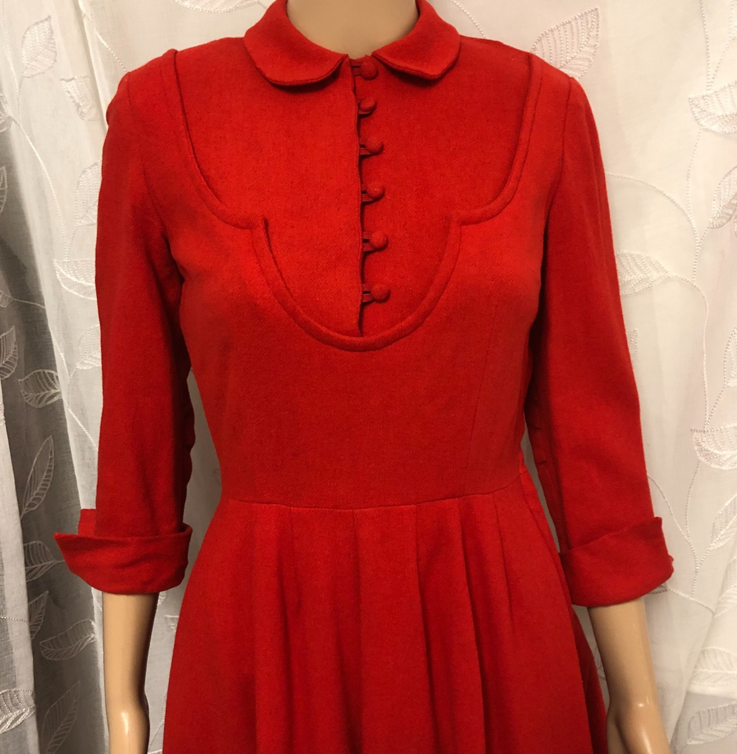 authentic 1930’s Fit & Flare Wool Dress Sz S Covered Buttons 3/4 Sleeve