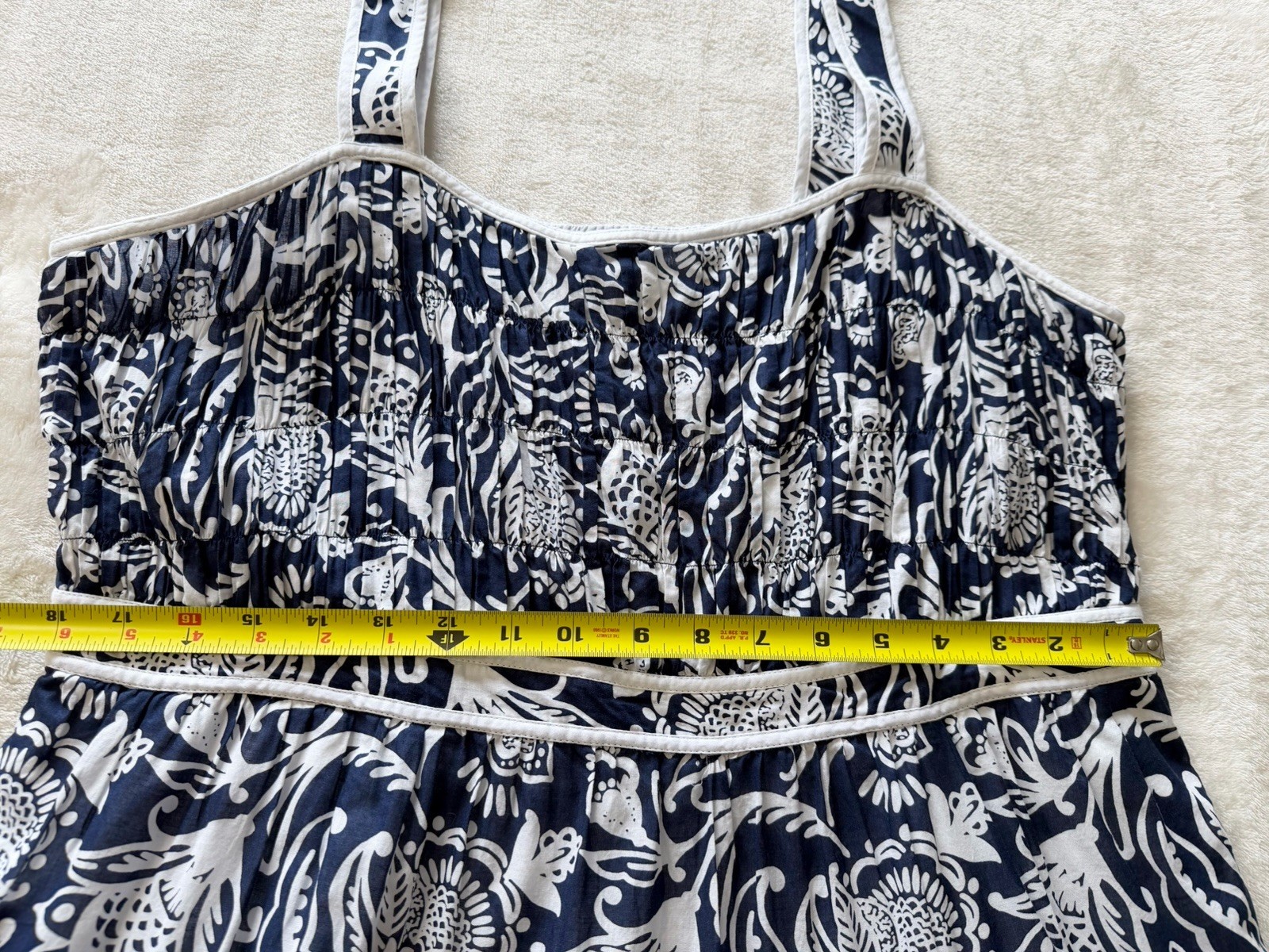 Talbots Size 16 Tiered Fit & Flare Dress Distressed Jacobean Navy White