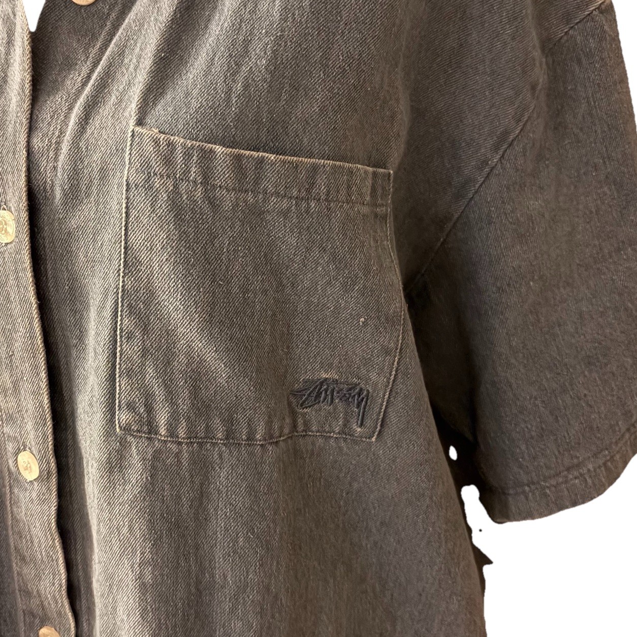 Stussy Dress Blue Denim Button Logo Pockets Women’s Size Large