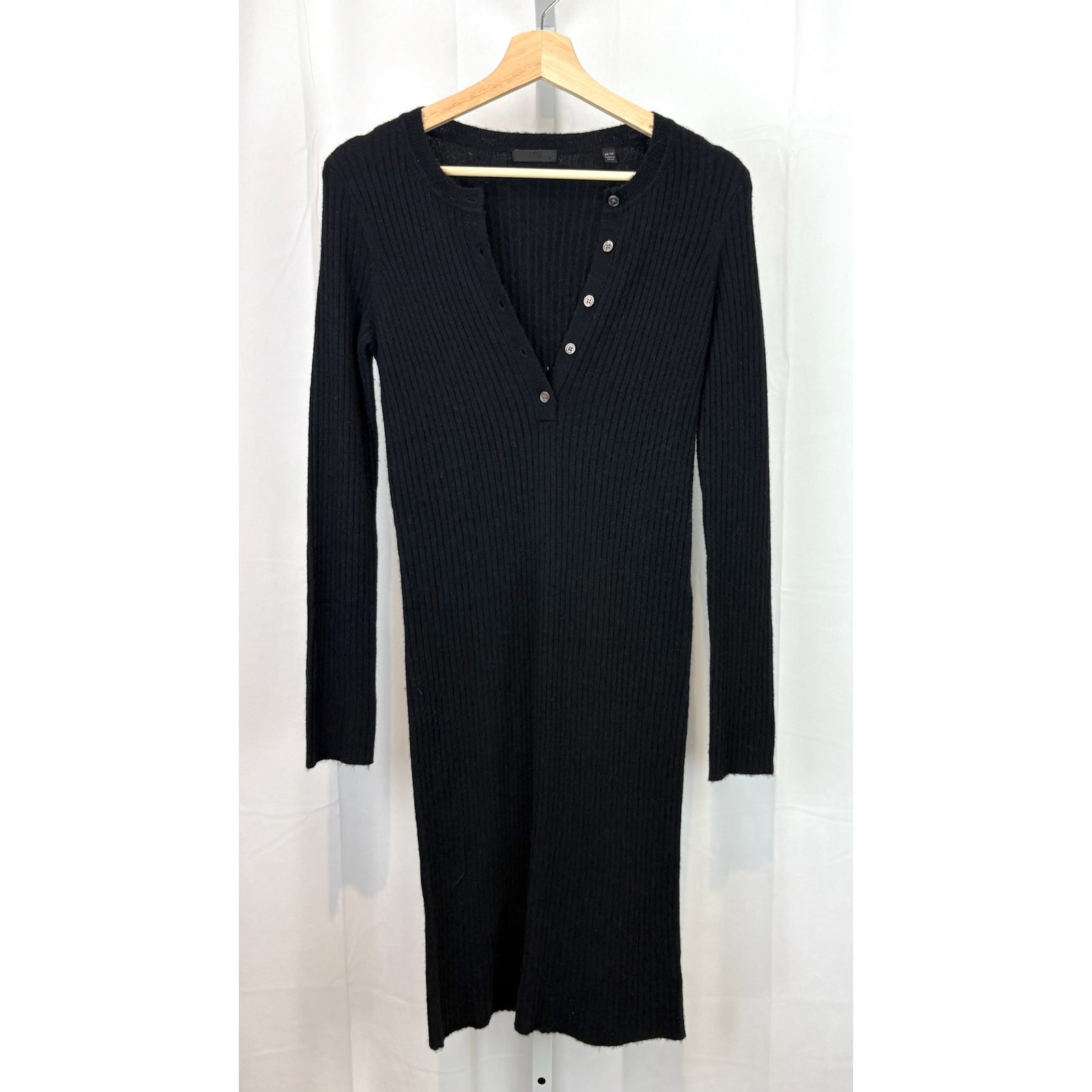 ATM Size XS Wide Ribbed Henley Midi Dress Long Sleeve Wool Cashmere Blend Black