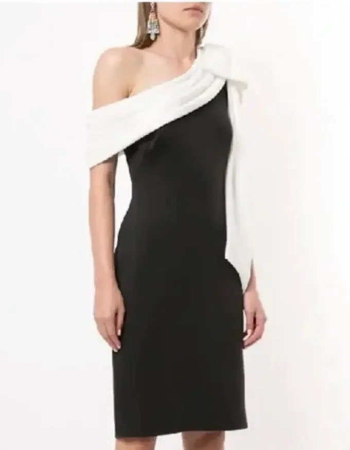 Tadashi Shoji Rigel Scuba White Bow Black Dress s.L Draping Off The Shoulder NEW