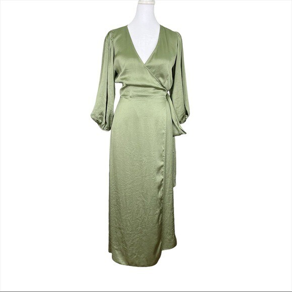 Aritzia Little Moon Green Wrap V Neck Puffed sleeves Midi Dress Size Small
