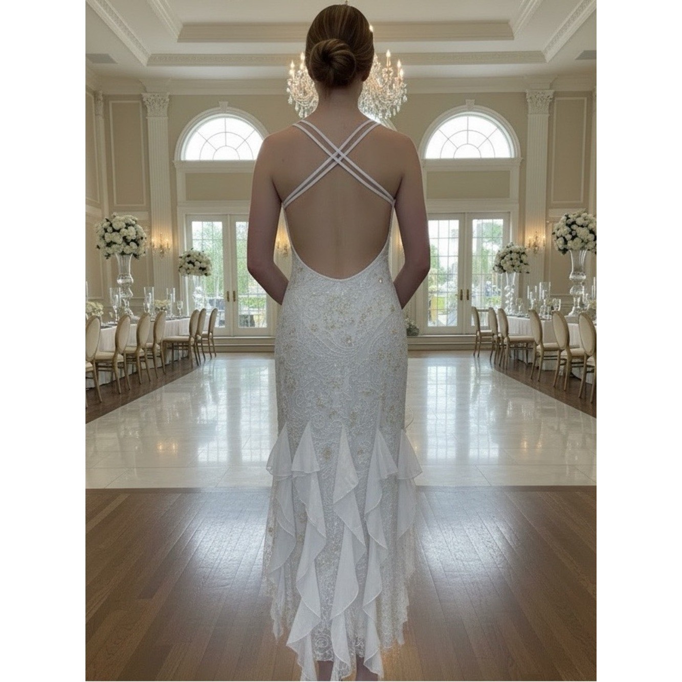 White hand Beaded Ruffle Backless Evening Dress. Power mesh stretch fabric.