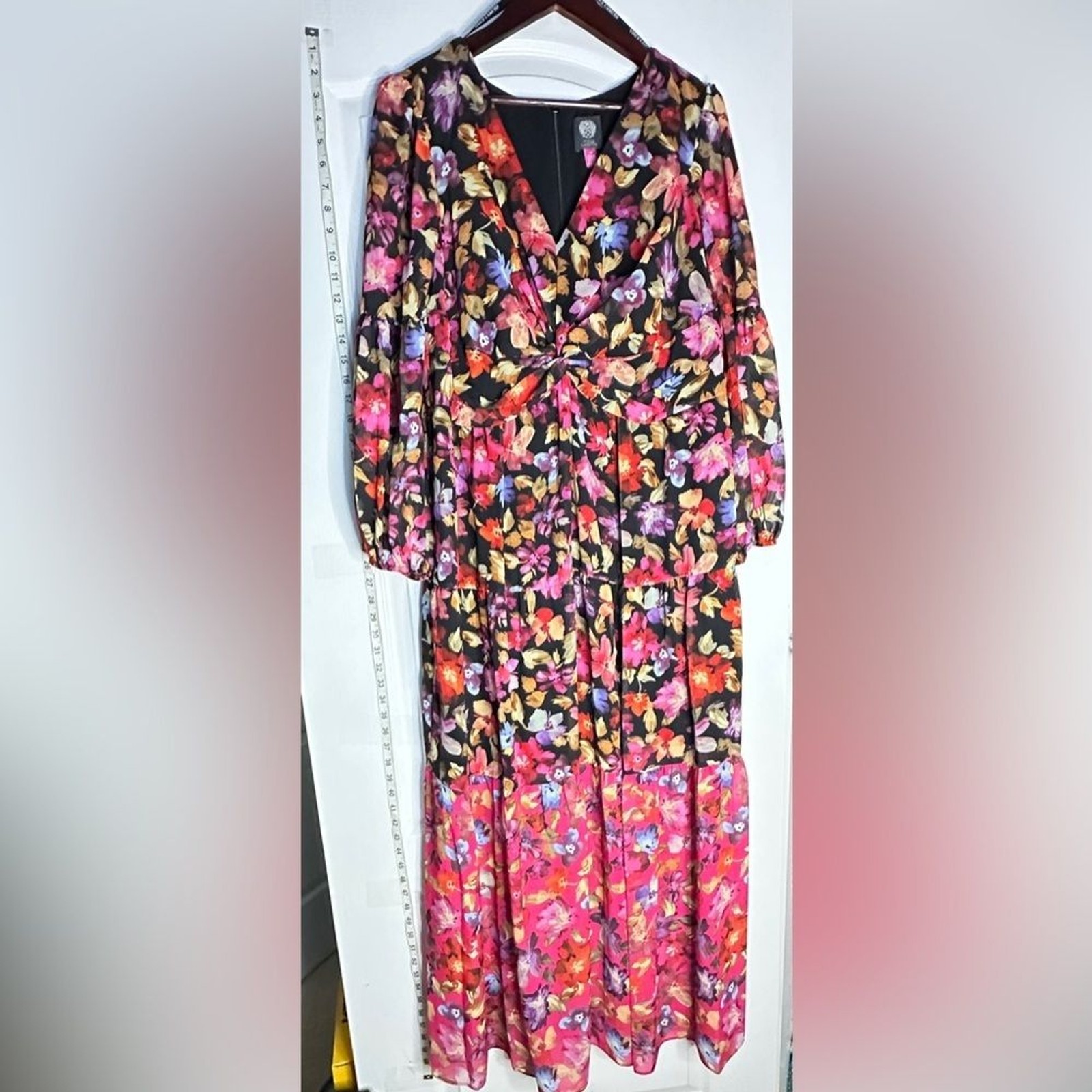 Vince Camuto Maxi Dress Black and Pink Long Sheer Sleeve Floral, 14w and 22w