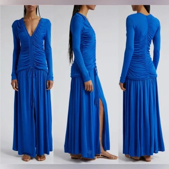 Farm Rio womens Bright Blue Long Midi Dress XS V Neck Long Sleeve Knit Maxi $240