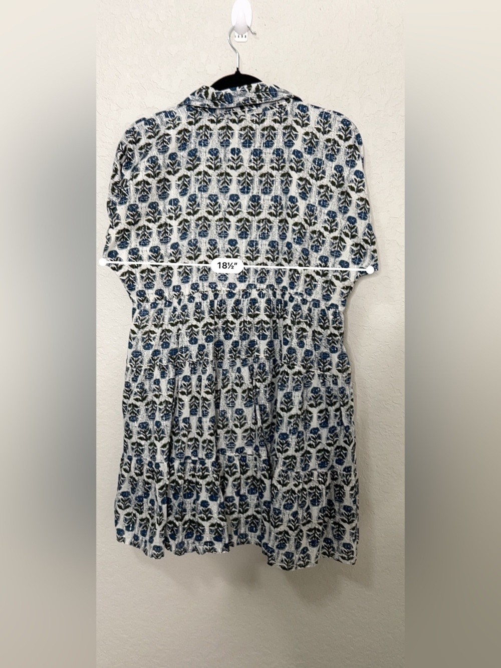 THML Blue Floral Block Print Tiered Mini Dress Metallic Lurex Collared Size M