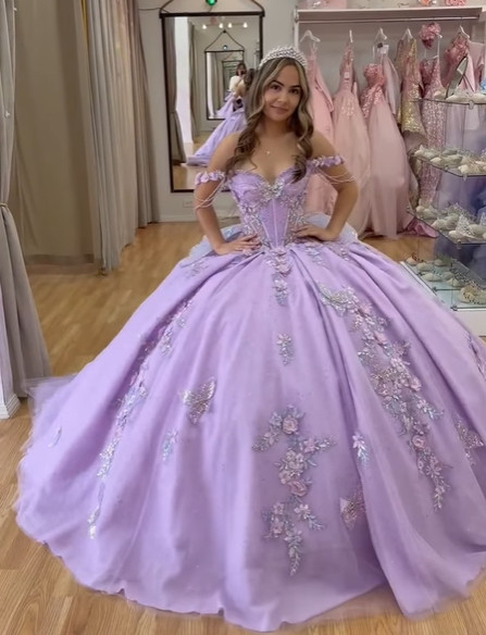 Lavender Quinceanera Dresses Off The Shoulder 3D Flowers XV Vestidos Ball Gowns