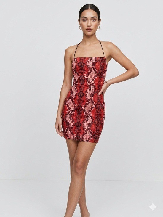 Superdown Red Snake Print Halter Mini Dress XS Lace Up Backless Snakeskin Party