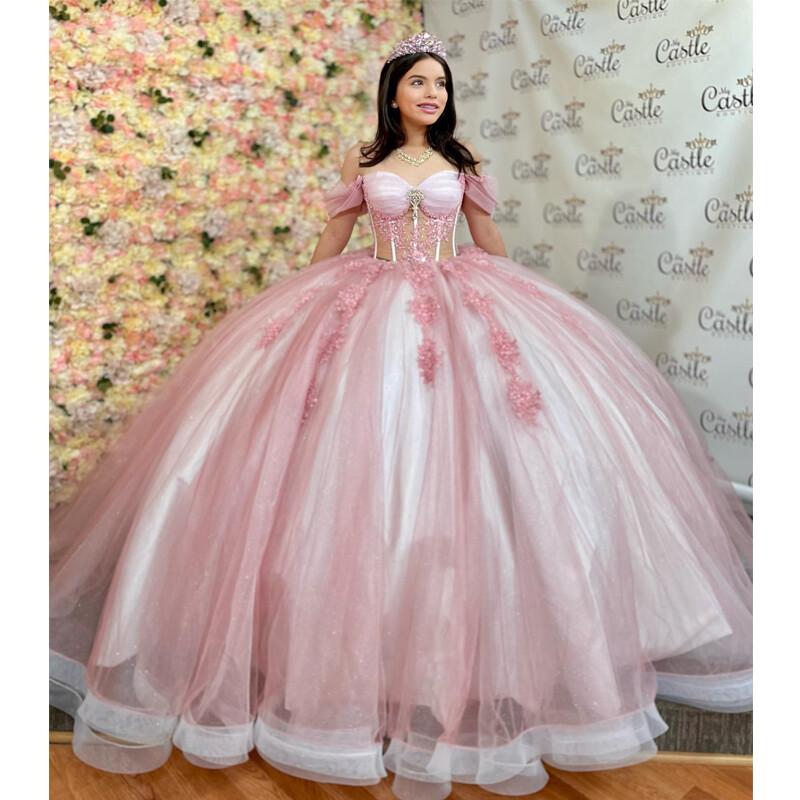 Blush Off Shoulder Sheer Corset 3D Floral Quinceanera Ball Gown Sweet 16 Dress