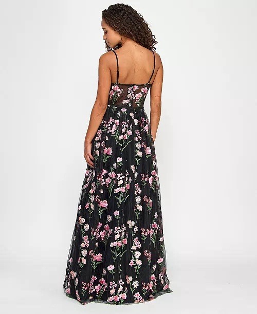 City Studio Juniors 11 Black Floral Tulle A-Line Long Gown Sweetheart Strappy