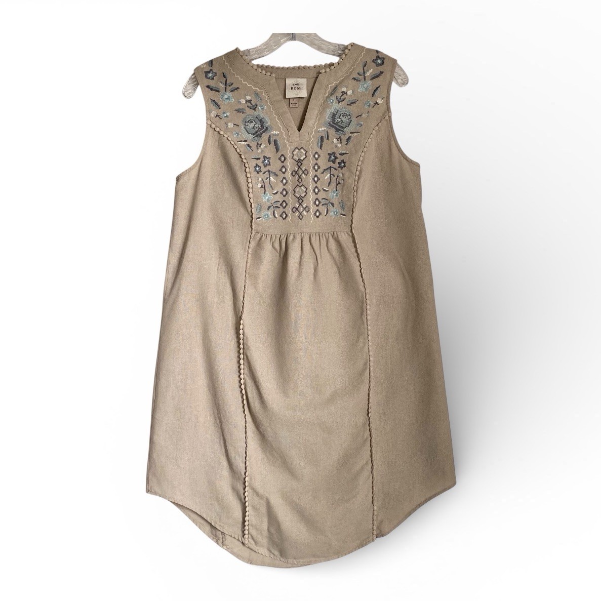 Knox Rose Linen Embroidered Dress Women L Oatmeal Floral Boho Peasant Cottage