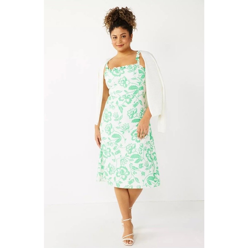 Draper James RSVP Ruffle Neck Midi Dress Green Floral Linen Blend NWT Sz 10