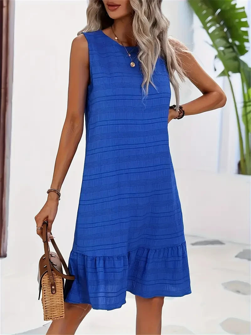 Women’s Stretch Textured Print Sleeveless A-Line Ruffled Hem Dress Size L